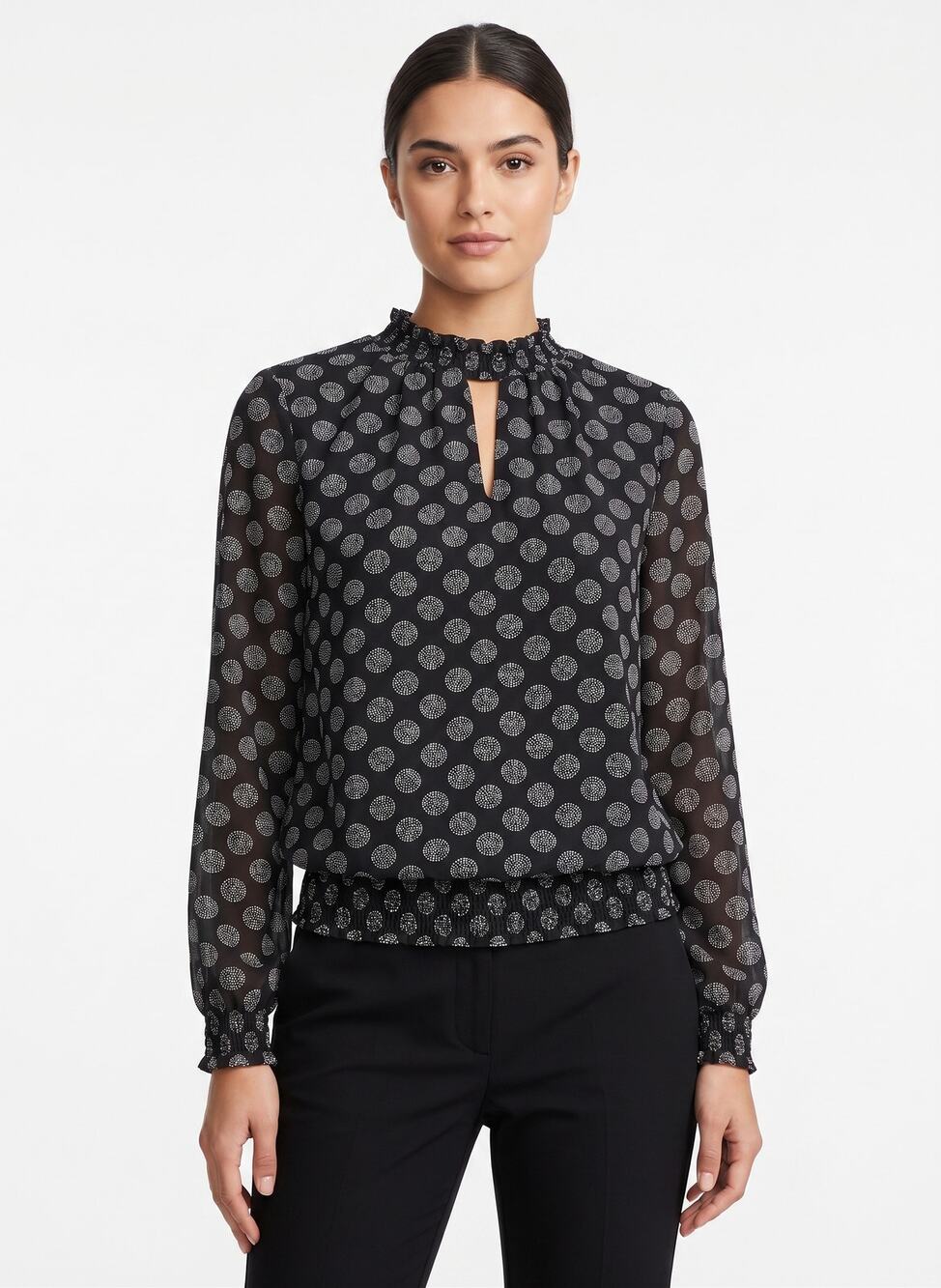 MICHAEL Michael Kors Black Silver Dot Keyhole Long Sleeve Blouse Size L